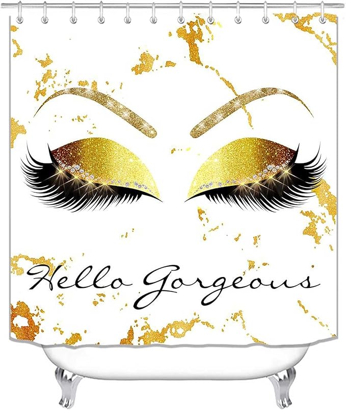 4PCS Hello Gorgeous Unicorn Eyelash Shower Curtain Set with Rugs, Luxury Diamond Gold Glitter Eyebrow Eyeshadow Makeup White Marble Glam Modern Fashion Women Bathroom Decor, Hello Gorgeous