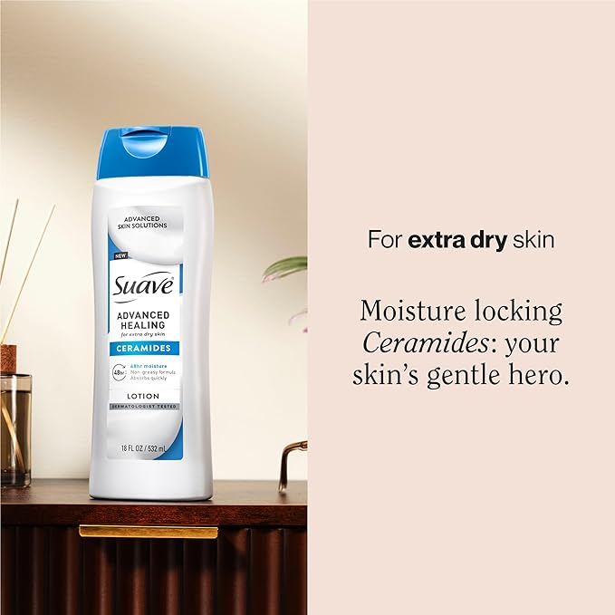 Suave+ Advanced Healing Hand & Body Lotion for Women With Ceramides for Very Dry Skin, Hydrating, Non-Greasy, Allergen-Free Moisturizing Cream, Lightly Scented, 18 FL OZ, 6 Pack