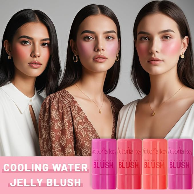 4 Pcs Jelly Blush Stick,Sheer Lip & Cheek Stain Makeup Cooling Water Jelly Tint, Multiple Use Long Lasting Jelly Texture Non-Stick Blush for Cheeks, Pigmented Waterproof Makeup Blush