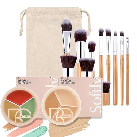 6 Color Correcting Concealer Kit with 11 Pcs Makeup Brush Kits, Light Color Combination Cream Concealer Palet for Light to Medium Skin Tone, Cover Dark Circles, Bruises, Spots, Blemish