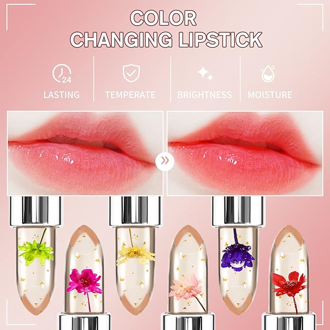 3 Pcs/Set Flower Jelly Lipstick Set Temperature Change Moisturizer Long Lasting Nutritious Glossy Shine Lip Balm Magic Gold Crystal PH Color Change Lip Gloss for Women