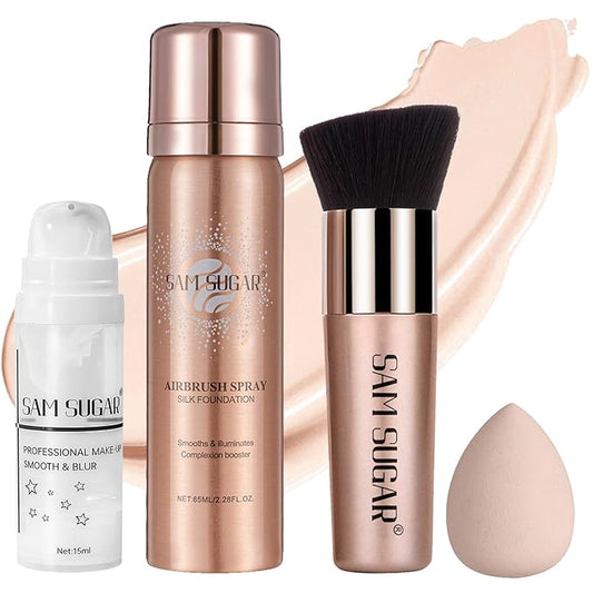 AirBrush Foundation Spray Set, Spray Foundation Makeup and Hydrating Face Primer Kit, Longwear Waterproof Liquid Matte Foundation Mist for Flawless Look, Brush and Sponge Include (#1 Ivory White)