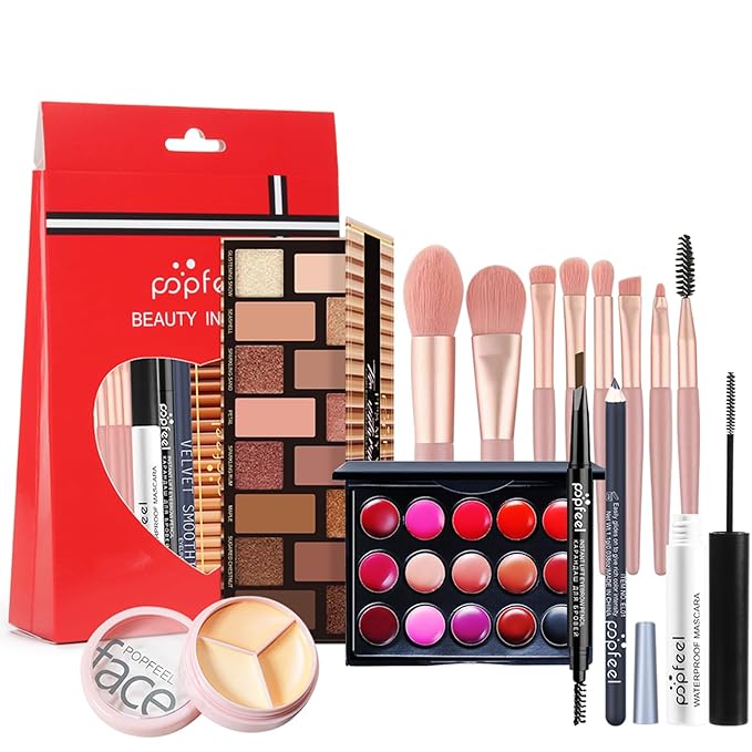 All in One Makeup Kit, Full Starter Essential Makeup Kit for Women Beginners Includes Eyeshadow Palette Lipstick Mascara Eyebrow Pencil Concealer Brush Set