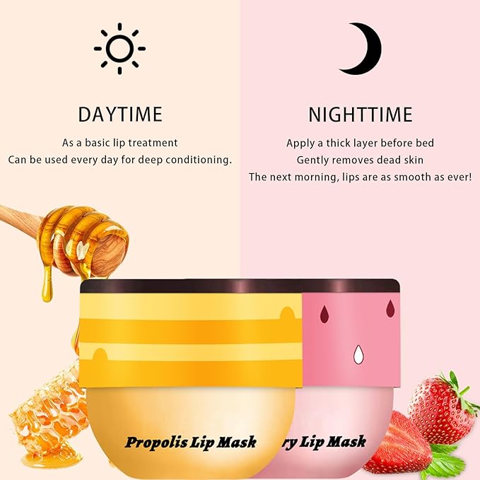2PCS Lip Mask Overnight, Honey&Strawberry Moisturizing Repair Sleeping Lip Balm, Fade Lip Lines Bee Lip Balm, Hydrating &Prevention Dry and Crack Lip Scrubs Exfoliator (Strawberry & Strawberry)