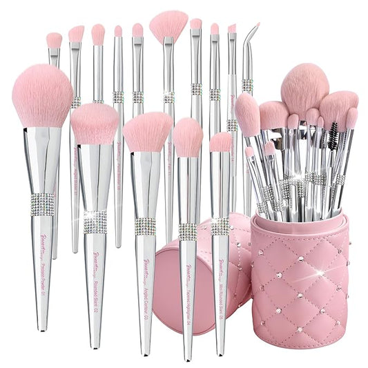Bueart Design Elegant pink Ultra soft labeled Makeup Brushes Sets with Brush Holder makeup brush set with Foundation Powder blush blending contour Brush (15Pcs Silver Pink+Holder)