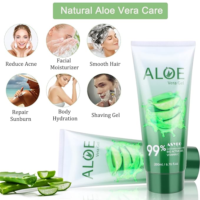 200x2 ML Aloe Vera Gel – 99% Organic Pure Aloe Vera Hydrating Face & Body Moisturizer, Natural Aloe Cream for Dry Skin, Sunburn, Acne, Soothing & Moisturizing