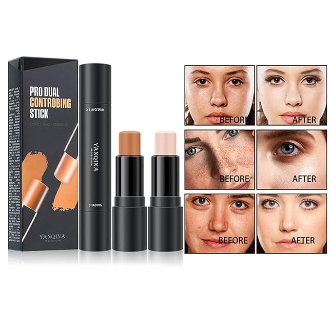 2023 Upgrade Contour Stick, 2 Colors Double-end Contour Highlighter Stick Contour Stick Face Highlighter Contour Makeup Contouring Sticks Cream Concealer (Natural, Netural Coffee)