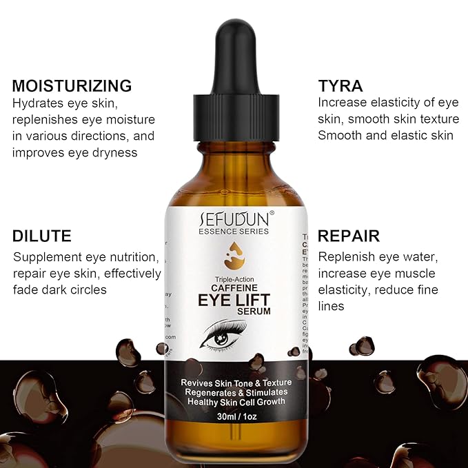 Caffeine Eye Serum, Eye Lift Serum with Vitamin C, Hyaluronic Acid, Collagen - Reduces Puffiness, Dark Circles, Under Eye Bags 1 oz / 30 ml