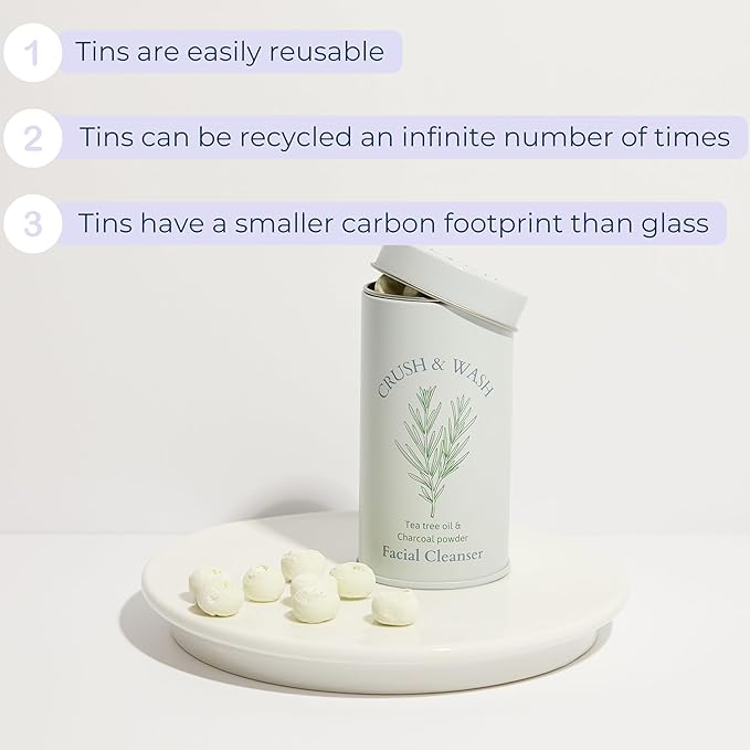 3-in-1 Solid Facial Cleanser, Exfoliator, and Wash-off Mask - Vegan, Cruelty-Free, Plastic-Free, Travel-Friendly, 1 Month Supply (60 Crushable Tablets) in Tin (Brightening Beans in Tin)