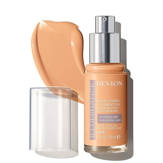 REVLON Illuminance Skin-Caring Liquid Foundation, Hyaluronic Acid, Hydrating and Nourishing Formula with Medium Coverage, 305 Medium Sand (Pack of 1)