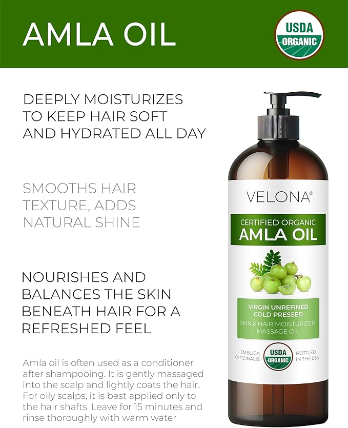 velona Amla Oil USDA Certified Organic - 16 Fl Oz | 100% Pure and Natural Carrier Oil | Extra Virgin, Unrefined, Cold Pressed