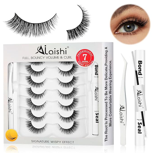 Wispy False Eyelashes Kit With Bond, Seal and Tweezer, 7 Pairs Natural Look Fake Cat Eye Lashes Strips Thin Band Extensions Waterproof Easy Eyelashes for Beginners RQ45