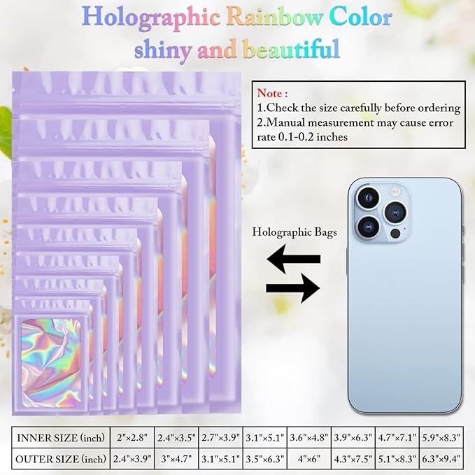 ANZNKU 100 Pcs Smell Proof Mylar Resealable Bags, Holographic Packaging Bags, Resealable Odor Foil Pouch Zip Bag with Clear Window for Food Storage and Lipgloss, Jewelry Lash (Purple, 5.5 x 7.9 Inch)