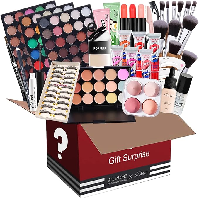 All in One Makeup Set Holiday Box, Essential Starter Bundle Include Eyeshadow Concealer Lipstick Lip Gloss Eyeliner Eyebrow Pencil Lip Balm Face Powder, Full Makeup Kit for Women Girls