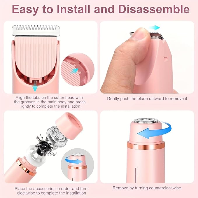 2025 Womens Shaver Dual-Head Bikini Trimmer for Women 2-in-1 Women's Body Shaver USB Charge Waterproof Painless Electric Razors for Silk Skin (Pink)