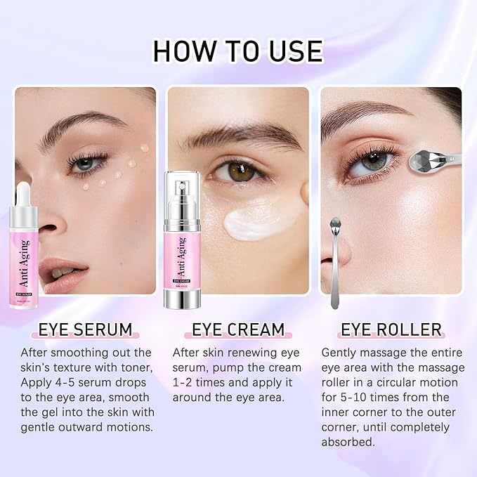 5% Caffeine Eye Cream Eye Serum Kit for Dark Circles Under Eye Treatment For Puffiness Bags And Wrinkles Eye Cream Anti Aging Eye Serum & Eye Roller 2 Fl Oz