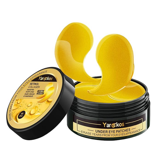 60 Pcs 24K Gold Under Eye Patches, 30 Pairs Undereye Mask for Dark Circles Puffy Eyes Treatment, Collagen Gel Pads Hydrating for Puffiness Wrinkle Eye Bags, Women Men Beauty Skin Care Products