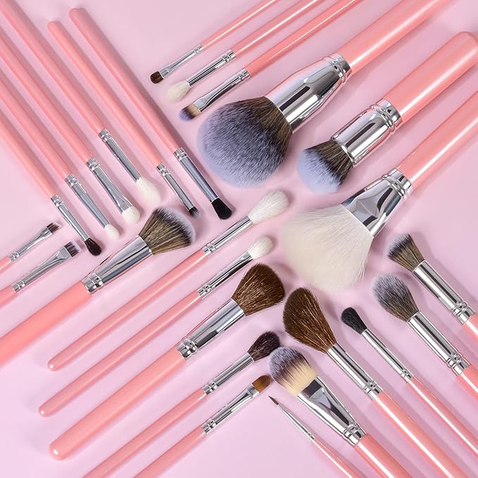 Bueart Design Makeup Brushes Set 26pcs Real Natural Goat Hair Professional labeled Foundation Face Blending Blush Concealers Eyeshadow Brush Set(26Pcs Pearl Pink)