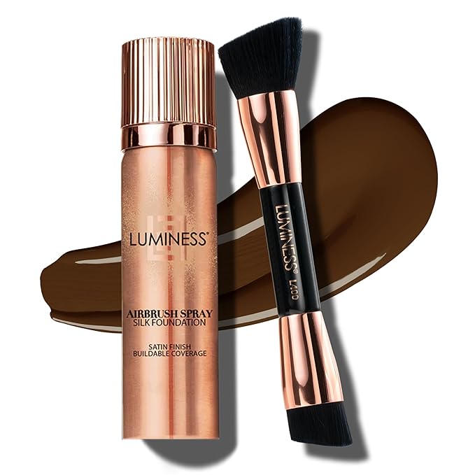 LUMINESS Silk Airbrush Spray Foundation & Buffing Brush Kit – Full Coverage Foundation & Dual-Sided Buffing Brush - Buildable Coverage, Anti-Aging Formula Hydrates & Moisturizes (Shade - Deep Rich)