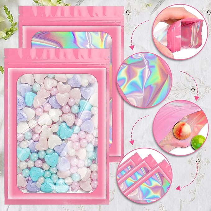 ANZNKU 100 Pcs Smell Proof Mylar Resealable Bags, Holographic Packaging Bags, Resealable Odor Foil Pouch Zip Bag with Clear Window for Food Storage and Lipgloss, Jewelry Lash (Pink, 3.9 x 7.1 Inch)