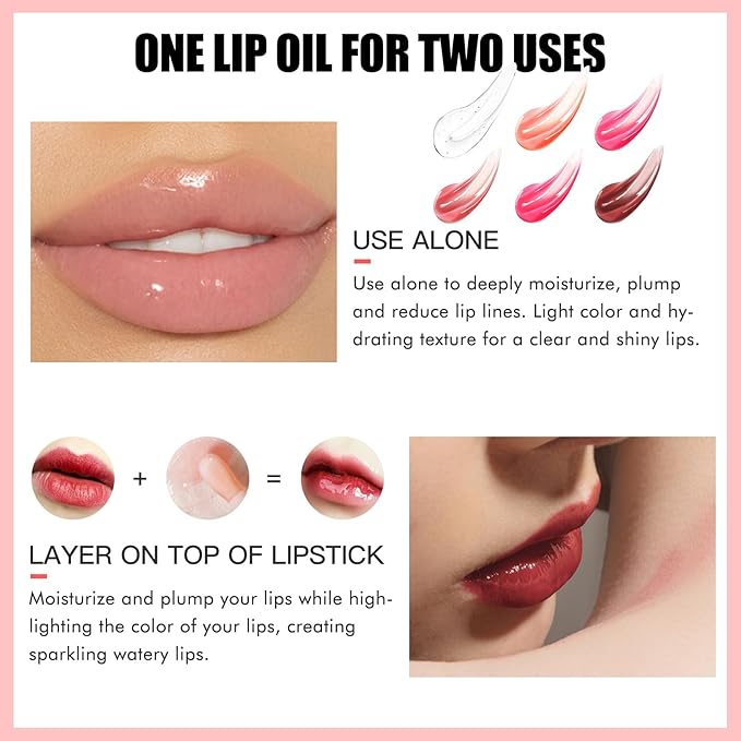 2PCS Lip Oil Set, Hydrating Lip Glow Oil Lip Plumper Gloss, Tinted Lip Oils Transparent Long Lasting Non-sticky Lip Gloss, Plumping Lip Gloss Lip Care Kit (Raspberry & Pink)