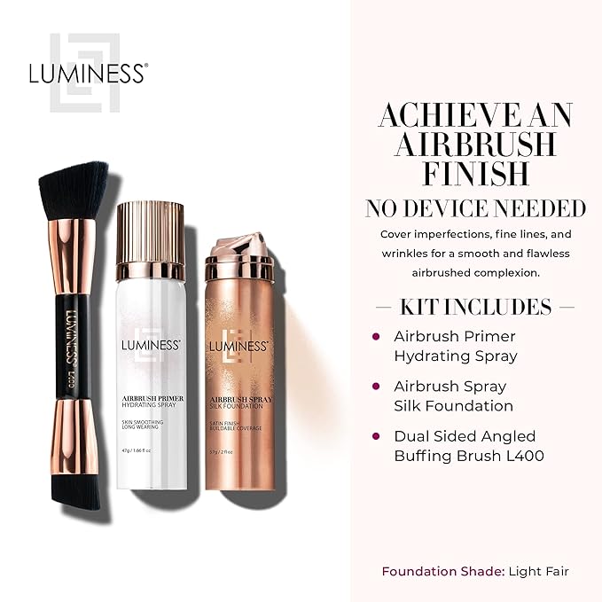 LUMINESS Airbrush Spray Silk Foundation Starter Kit - Fair Light - Foundation, Primer & Dual-Sided Angled Buffing Brush - Medium, Buildable Coverage, Anti-Aging Formula Hydrates & Moisturizes
