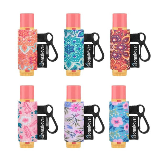 6 Pack Lip Balm Holder, Compact Clip-On Chapstick Holder Premium Release Clip Neoprene Sleeve Lip Balm with Clip Fits Most Standard Lip Balm
