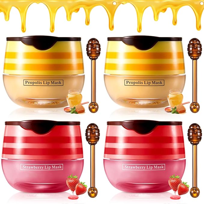 4PCS Strawberry & Honey Lip Balm, Hydrating Lip Propolis Sleeping Lip Mask, Moisturizing & Prevention Dry and Cracked Lip Scrubs Exfoliator, Lip Repair Nourishes the Lip Skin