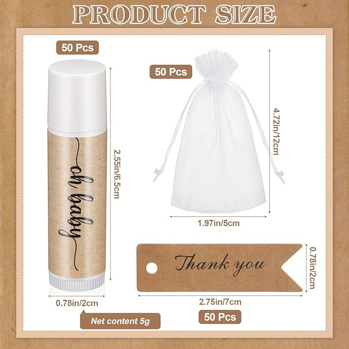 50 Sets Baby Shower Lip Balm Favor with Thank You Tags and Organza Bags, Lip Balm Bulk Baby Shower Gifts for Guests Prizes Gender Reveal Souvenirs Neutral Birthday Supplies