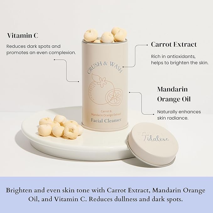 3-in-1 Solid Facial Cleanser, Exfoliator, and Wash-off Mask - Vegan, Cruelty-Free, Plastic-Free, Travel-Friendly, 1 Month Supply (60 Crushable Tablets) in Tin (Brightening Beans in Tin)