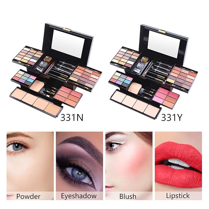 54 Colors All in one Makeup Gift Set Holiday Birthday Beauty Cosmetic Essential Starter Bundle Include 39 Eyeshadow Palette, 6 Blush, 6 Sponge Stick, 4 Compact Powder, 3 Lipstick, Eyeliner