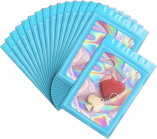 ANZNKU 100 Pack Mylar Bags Reasealable Holographic Bags, Smell Proof Bag Zipper Pouches with Clear Window, Jewelry Candy Sealable Bag for Packaging Sample Party Favor(Blue, 7.1 x 10.2 Inch)