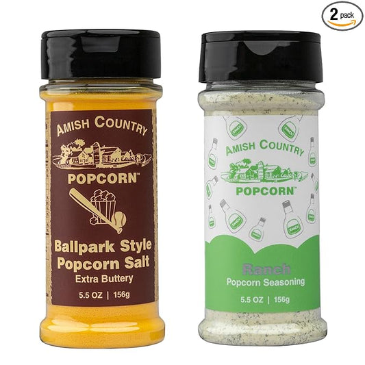 Amish Country Popcorn | Seasoning Variety Pack | BallPark Style ButterSalt - 5.5 oz and Ranch - 5.5 oz Popcorn Seasoning | Old Fashioned, Non-GMO and Gluten Free