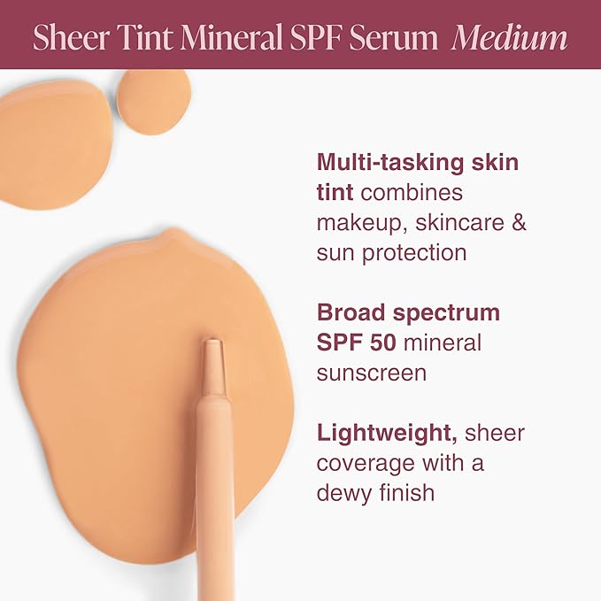 Mineral Fusion Face Serum, Sheer Tint Mineral SPF Serum, 1 Fl Oz, Medium, Tinted Broad Spectrum SPF 50 Mineral Sunscreen, Sheer Coverage, Lightweight & Dewy Finish for Glowing, Protected Skin