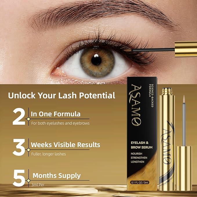 Eyelash Growth Serum & Eyebrow Growth Serum – 15 Plant Extracts with Biotin for Longer, Fuller, Thicker Lashes, Natural Vegan Gentle Nourishing Lash Enhancer (Gold Black)
