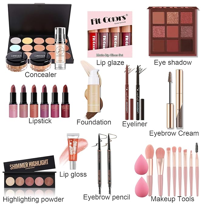 All-in-one Holiday Make up Gift Set | Makeup Kit for Women Full Kit Essential Starter Bundle Include Eyeshadow Palette Lipstick Blush Foundation Concealer Face Powder Mascara Lipgloss Brush