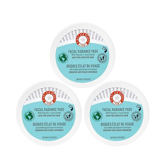 First Aid Beauty - Facial Radiance Pads with Glycolic & Lactic acids, Daily Exfoliating pads with AHA to Help Tone & Brighten Skin, One Step Makeup Prep, Compostable for Daily Use, 28 Pads, 3 ct