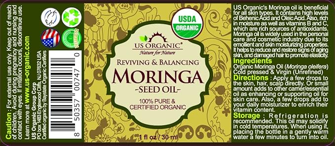 US Organic Moringa Oil, USDA Certified 100% Pure, Cold Pressed & Unrefined Non GMO, Vegan Oil, Natural Moisturizer for Skin, Face, Body, Hair, Good for Hair Growth, Fine Lines, Wrinkles (1 oz (30 ml))