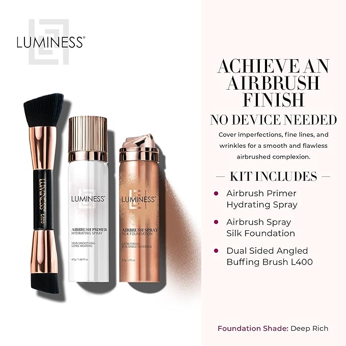 LUMINESS Airbrush Spray Silk Foundation Starter Kit - Deep Rich - Foundation, Primer & Dual-Sided Angled Buffing Brush - Medium, Buildable Coverage, Anti-Aging Formula Hydrates & Moisturizes