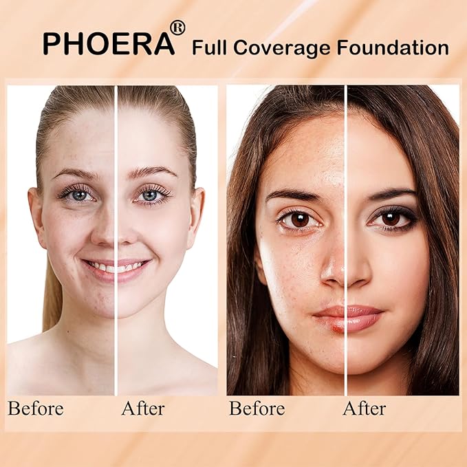PHOERA Foundation Makeup for Wome Full Coverage Foundation Set,Face Primer Foundation Brush Powder Brush,5 Makeup Sponge,30ml PHOERA 24HR Matte Oil Control Concealer (101 Porcelain + 102 Nude)