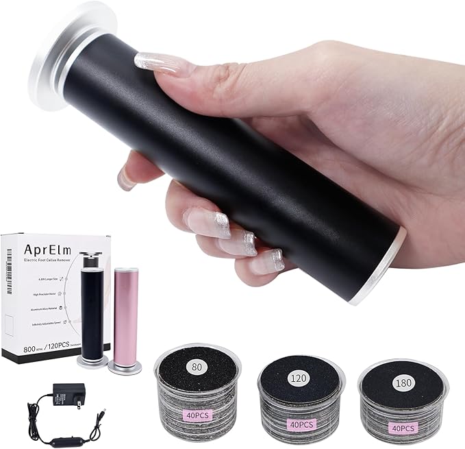 4.8IN Longer Electric Foot Callus Remover with 120pcs Sandpaper Discs, Professional Aluminum Callus Remover for Feet, Stepless Speed Control Pedicure Tools for Dead Skin (Black-pro)