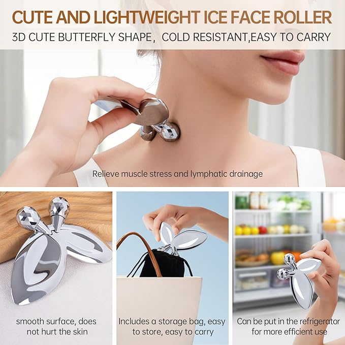 Ice Face Roller-3D Butterfly roller for Women,Stainless Steel Gua Sha Facial Massager Tool for Skin Tightening,2-in-1 Body Gua Sha Massager Tool for Muscle Ache&Lymphatic Drainage,Butterfly Decoration