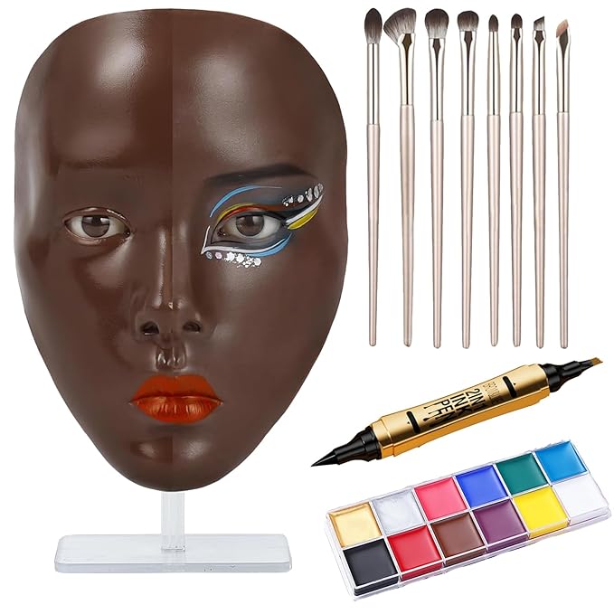 5D Makeup Practice Face Board, Makeup Practice Accessories Set with Face Painting Mannequin Head, Makeup Brushes, Face Painting and 2-in-1 Dual-Ended Eyebrow Pen, Makeup Practice Gift, Dark Brown
