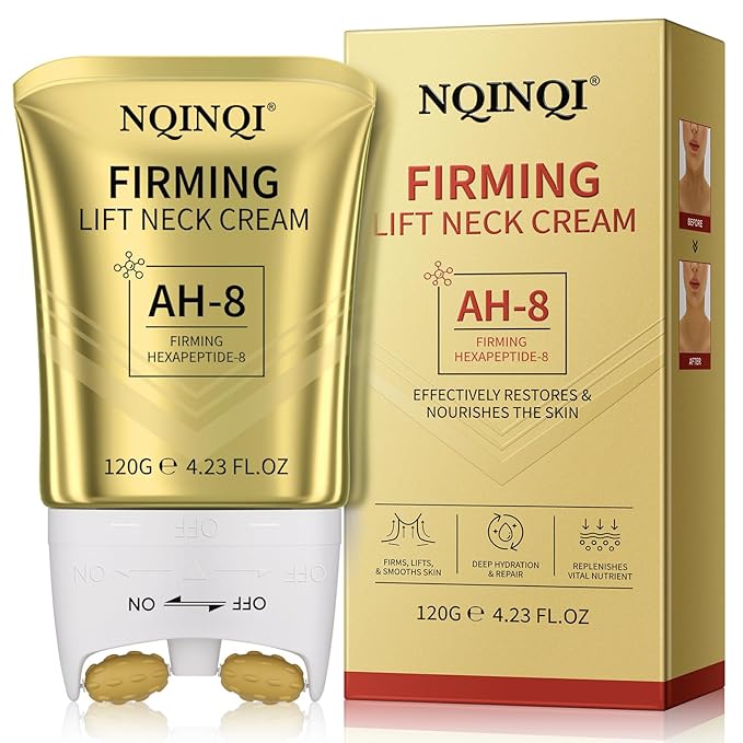 AH-8 Firming Neck Cream with Roller - Neck and Chest Firming Cream to Lift, Tighten & Smooth Sagging Skin, Reduce Wrinkles & Hydrate for Youthful Neck, 4.23 Fl Oz