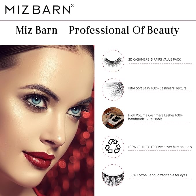 Miz Barn Lashes 5 Pairs Cat Eyes Wispy Lightweight Natural 3D Cashmere Soft Long Extension Eyelashes Pack Handmade Luxurious Volume Fluffy False Eyelashes (CF109)