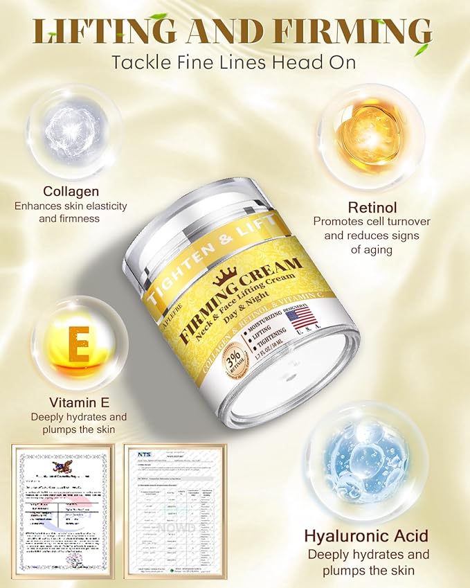 3% Retinol Cream Face Moisturizer, Anti Aging Neck Firming Cream with Collagen, Day & Night Face Cream with Hyaluronic Acid, Lifting & Tightening Wrinkle for Women & Men (1.51 Fl Oz (Pack of 1))