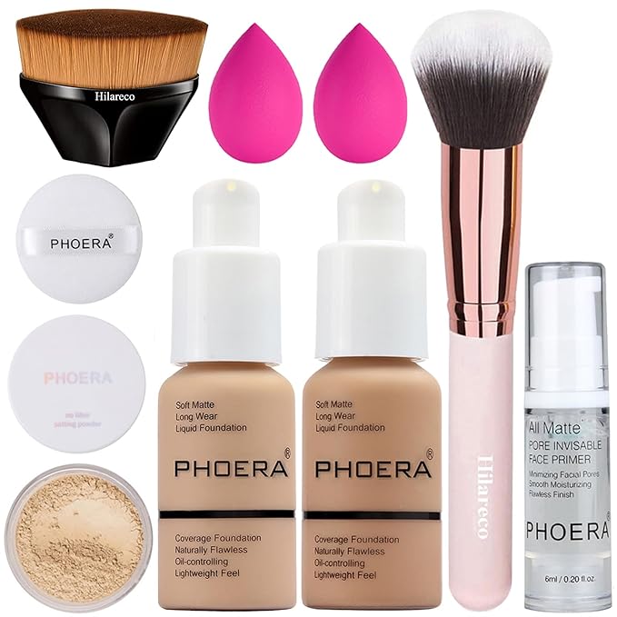 PHOERA Foundation, Full Coverage Foundation, PHOERA Primer, PHOERA Powder, PHOERA Makeup Set, Kabuki Makeup Brushes Foundation Brush Powder Brush,2 Pcs Makeup Sponge (104 Buff Beige + 105 Sand)