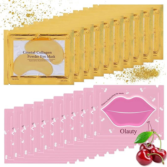 20 Pieces Lip Masks&24K Gold Gel Eye Masks,Crystal Collagen Under Eye Masks,Moisturizing Cherry Lip Patches Skin Care,Reducing Fine Lines & Dark Circle for Puffy Eyes,Birthday for Women