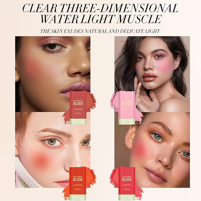 3-in-1 Cream Blush Stick for Cheeks Lips Eyes, Waterproof Natural Finish Tinted Makeup Stick, Hydrating Multi-Use Blush Balm