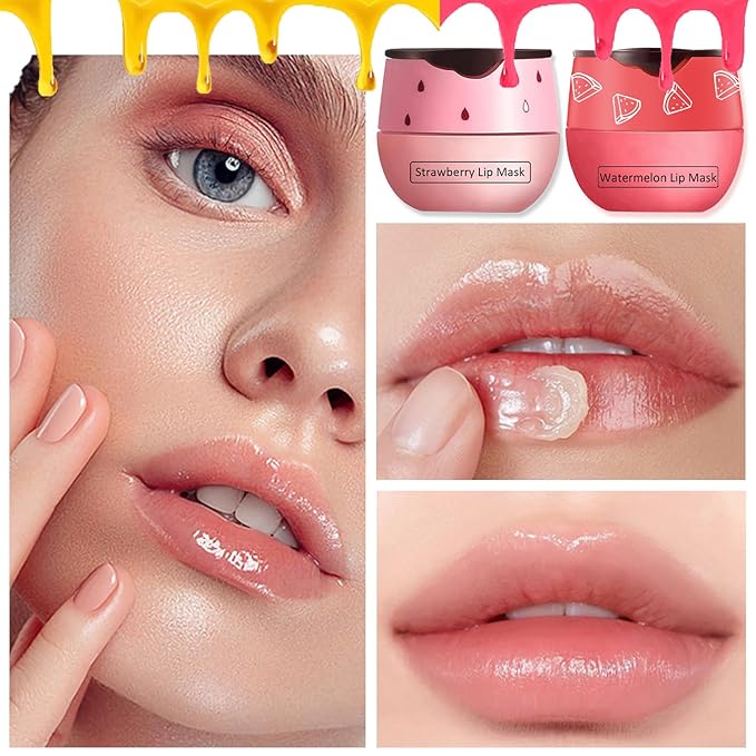 4 PCS Bee Lip Balm Lip Mask Honey Pot,Honey&Strawberry&Watermelon&Apple Lime Lip Sleeping Mask,Moisturizing Lip Mask Overnight Prevention Dry and Cracked Lip Scrubs Exfoliator Lip Care